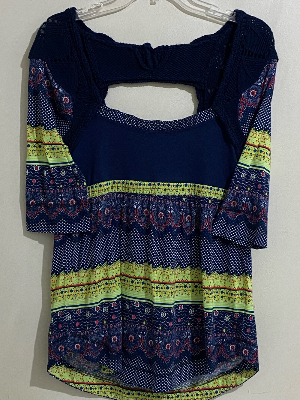 Free People Navy & Lime Patterned Peasant Open Back Part Crochet 3/4 Sleeve